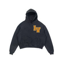 Load image into Gallery viewer, 36oz heavyweight campus french terry fleece in our vintage faded colorway with our yellow chenille patch. made in Portugal