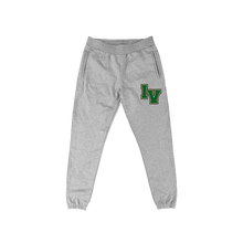 Load image into Gallery viewer, 36oz heavyweight campus french terry sweatpants in heather grey made in portugal with our gym class green chenille patch
