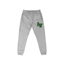 Load image into Gallery viewer, 36oz heavyweight campus french terry sweatpants in heather grey made in portugal with our gym class green chenille patch
