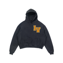 Load image into Gallery viewer, 36oz heavyweight campus french terry fleece in our vintage faded colorway with our yellow chenille patch. made in Portugal 
