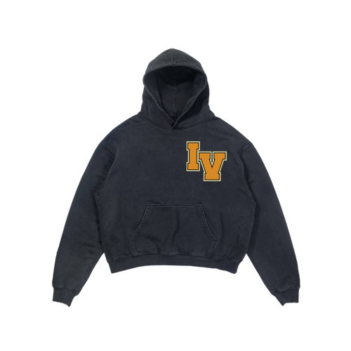 36oz heavyweight campus french terry fleece in our vintage faded colorway with our yellow chenille patch. made in Portugal 