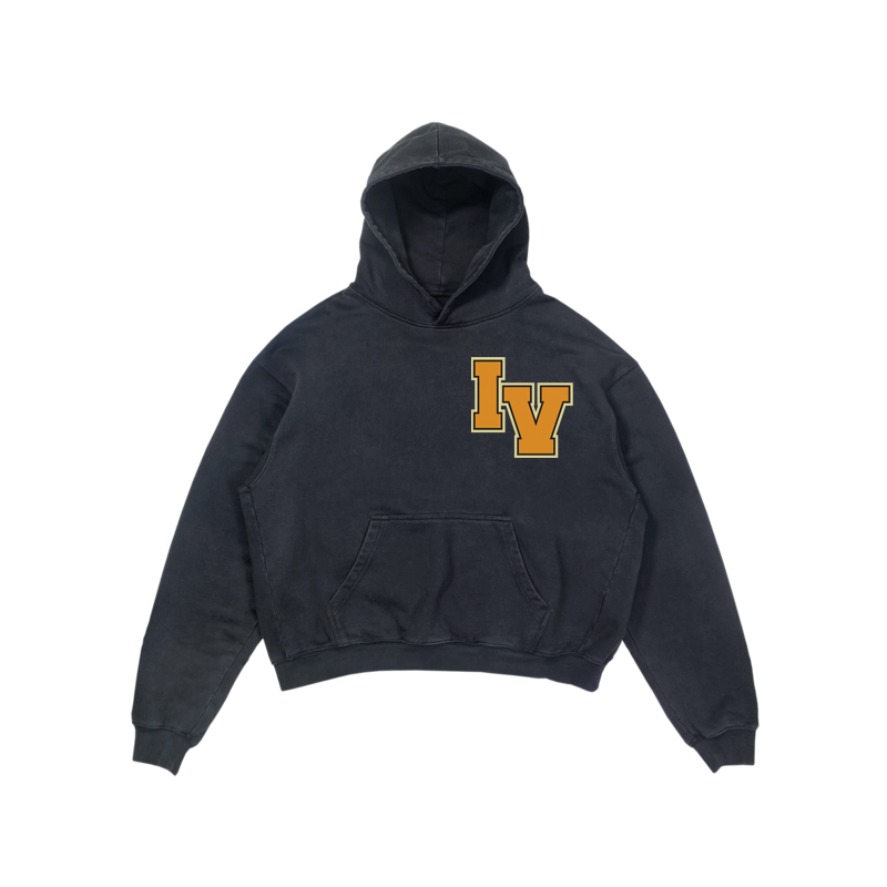 36oz heavyweight campus french terry fleece in our vintage faded colorway with our yellow chenille patch. made in Portugal 