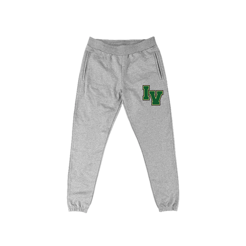 36oz heavyweight campus french terry sweatpants in heather grey made in portugal with our gym class green chenille patch
